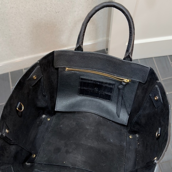 Nancy Gonzalez Black Pebbled Leather Tote Crocodile Trim Top Handle Bag - Picture 4 of 10